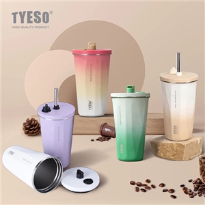 TYESO แก้วเก็บอุณหภูมิ รุ่นใหม่ล่าสุด สีทูโทน พร้อมหลอด+แปรง ขนาด 600 ml แก้วกาแฟ